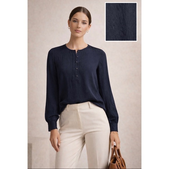 Tory Burch Tops - Tory Burch Women's 100% Silk Navy Crinkle Long Sleeve Blouse 4 Designer Office
